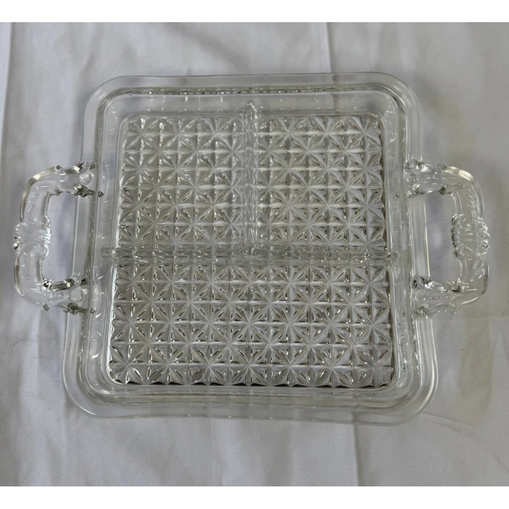 Vintage Heavy Clear Crystal Daisy & Button Square Handled 3 Section Relish